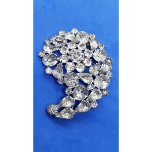 Vintage Rhinestone Brooch Clear Crystal Silver Tone Huge Size Foil Open Backed